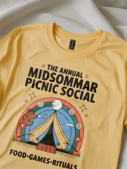 yellow lifestyle shot The Annual Midsommar Picnic Social retro midsommar picnic t-shirt
