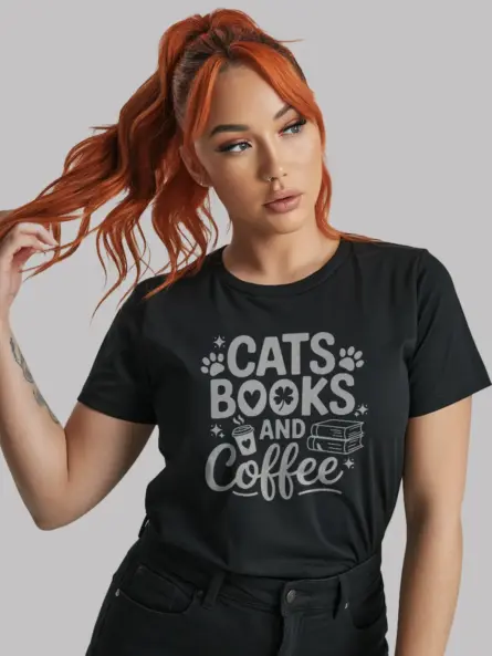Cats Books Coffee Shirt – Cozy Graphic Tee for Readers & Cat Moms - Image 3