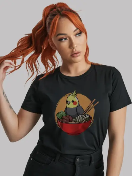 Whimsical Cute Cockatiel T Shirt – Ramen Bowl Kawaii Bird Tee - Image 3