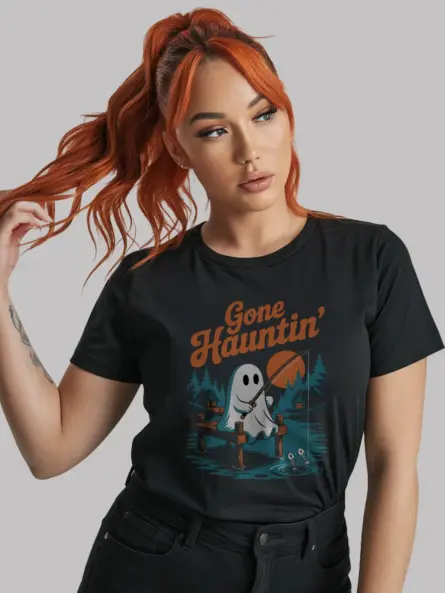 Cute Ghost Fishing Halloween Shirt – Gone Hauntin’ Retro Tee - Image 3
