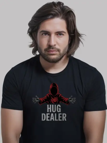black shirt front view – hug dealer meme shirt with red hooded figure and bold text