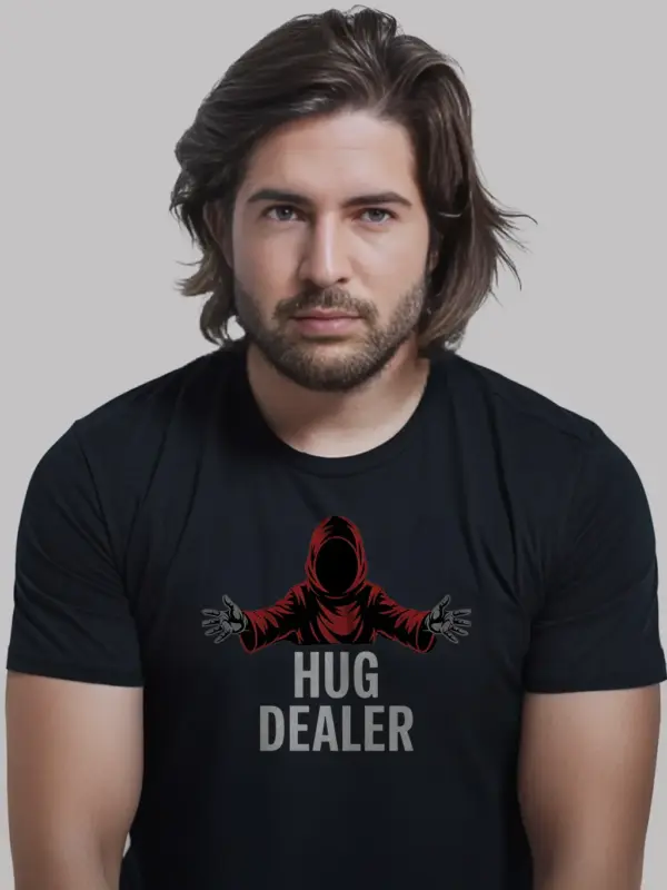 black shirt front view – hug dealer meme shirt with red hooded figure and bold text