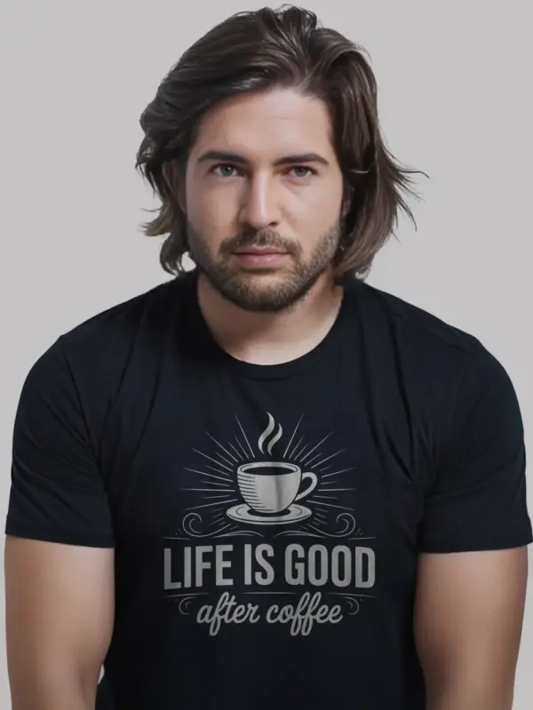 black shirt lifestyle image – caffeine addict wearing life is good shirt – minimalist coffee lover t-shirt