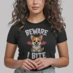 Black shirt front – Beware I Bite design – halloween corgi shirt