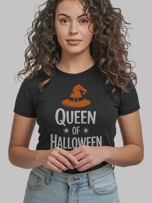 black shirt front view – queen of halloween shirt for women with witch hat graphic