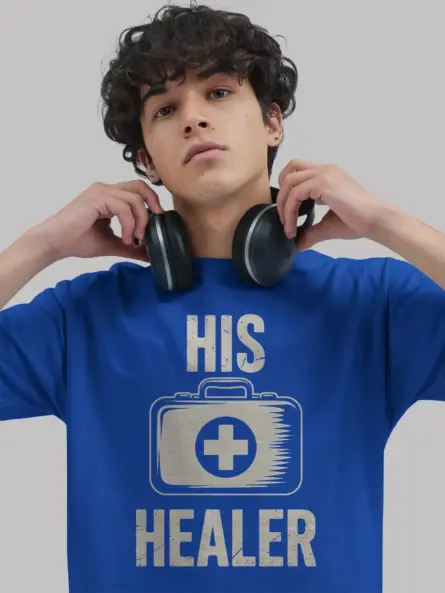 His Healer Gamer T-Shirt | Matching Co-Op Gaming Couple Tee with Vintage Medical Kit Design - Image 3
