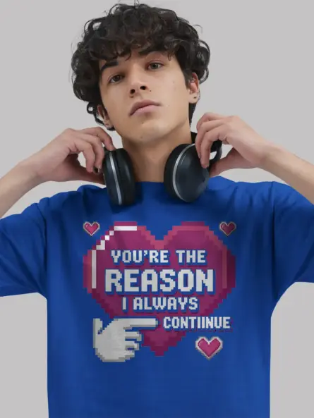 Pixel Art Gamer Couple T-Shirt – “You're The Reason” Retro 8-Bit Heart Tee - Image 6