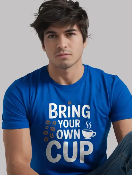 royal blue bring your own cup t-shirt with clean minimalist layout