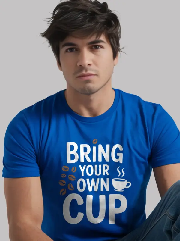 royal blue bring your own cup t-shirt with clean minimalist layout