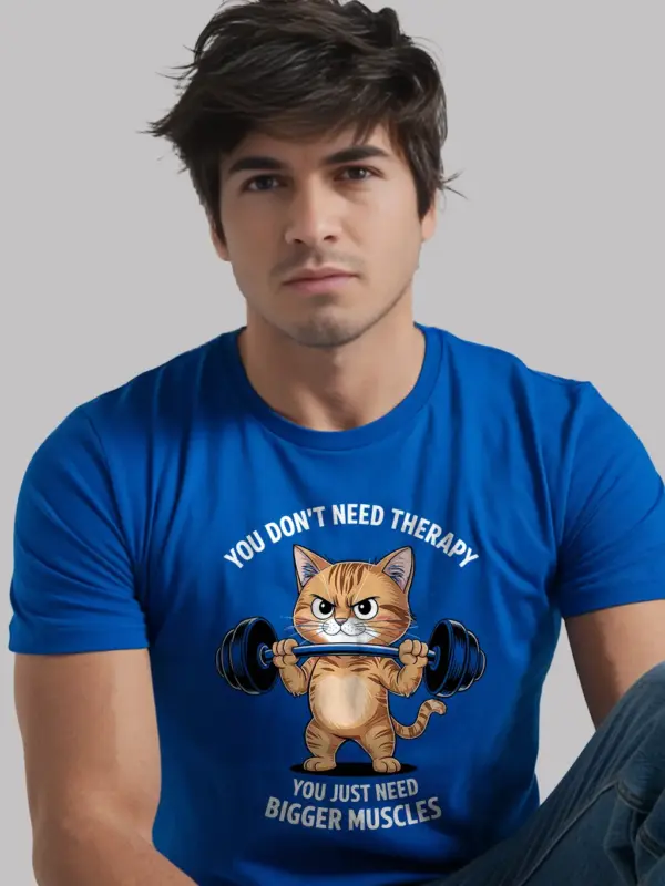 royal blue tee, quote reads “You Just Need Bigger Muscles”, funny cat gym t-shirt