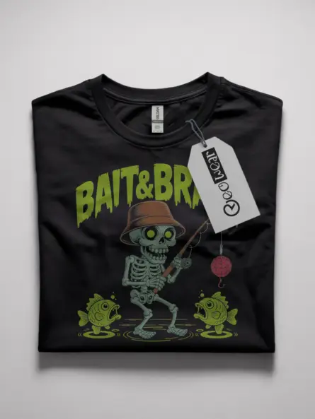 Creepy Cute Skeleton Fishing T-Shirt – Retro Horror Brain Tee