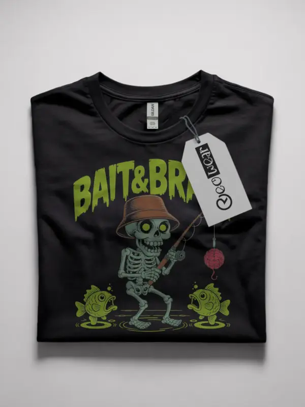 Creepy Cute Skeleton Fishing T-Shirt – Retro Horror Brain Tee
