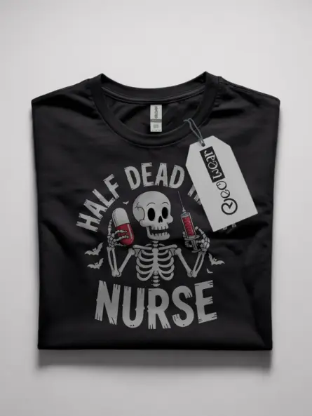 Front view of black tee with skeleton and syringe – half dead half nurse t-shirt for Halloween nurses