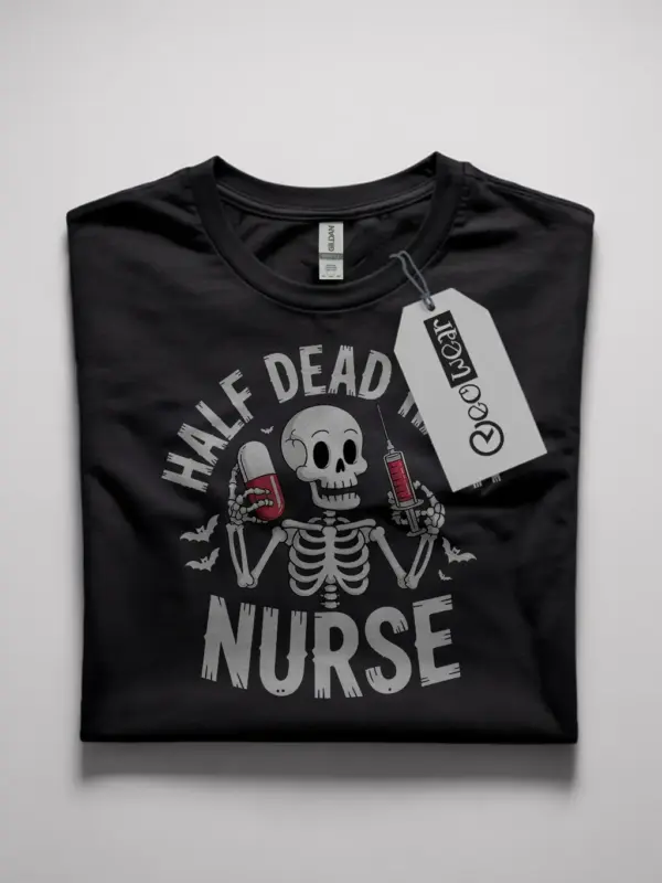 Front view of black tee with skeleton and syringe – half dead half nurse t-shirt for Halloween nurses