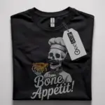 Black Bone Appétit skeleton chef pizza t-shirt front view