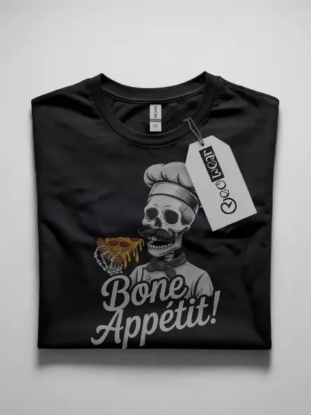 Black Bone Appétit skeleton chef pizza t-shirt front view