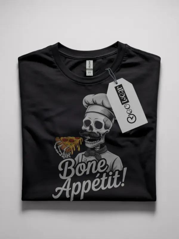 Black Bone Appétit skeleton chef pizza t-shirt front view