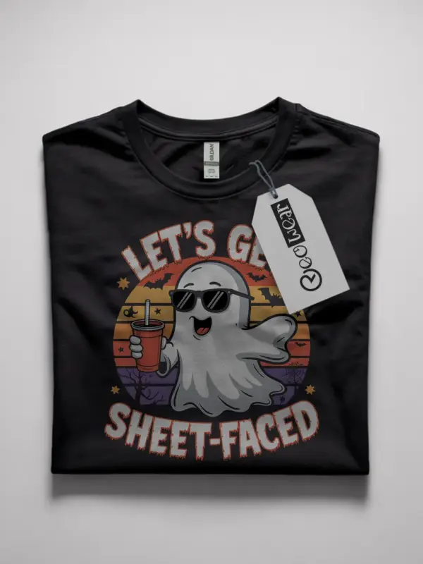 black flatlay Let’s Get Sheet Faced Halloween T-Shirt – Funny Boozy Tee let's get sheet faced halloween t-shirt