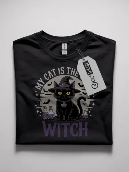 black lifestyle shot my cat is the real witch t-shirt for halloween cat moms