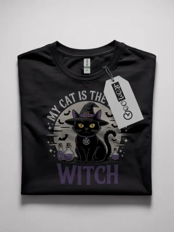 black lifestyle shot my cat is the real witch t-shirt for halloween cat moms