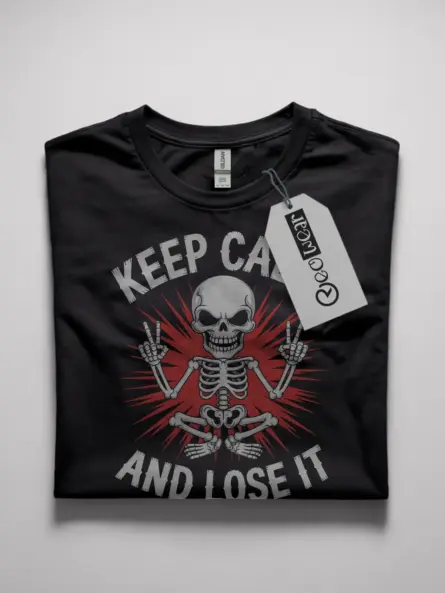 Front view Black Shirt Keep Calm and Lose It punk skeleton meditation t-shirt
