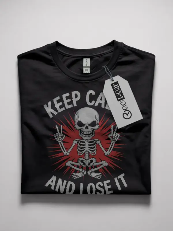 Front view Black Shirt Keep Calm and Lose It punk skeleton meditation t-shirt