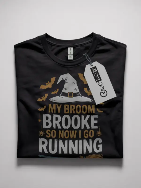 black flatlay shirt – Witch running Halloween tee – my broom broke so now I go running shirt
