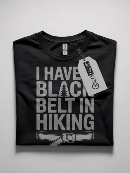 black belt in hiking shirt