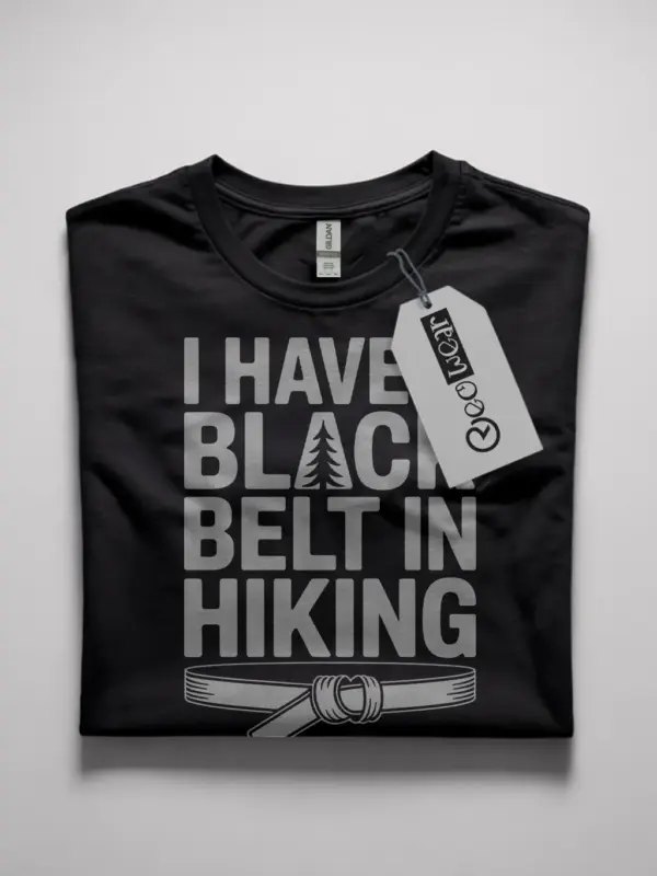 black belt in hiking shirt
