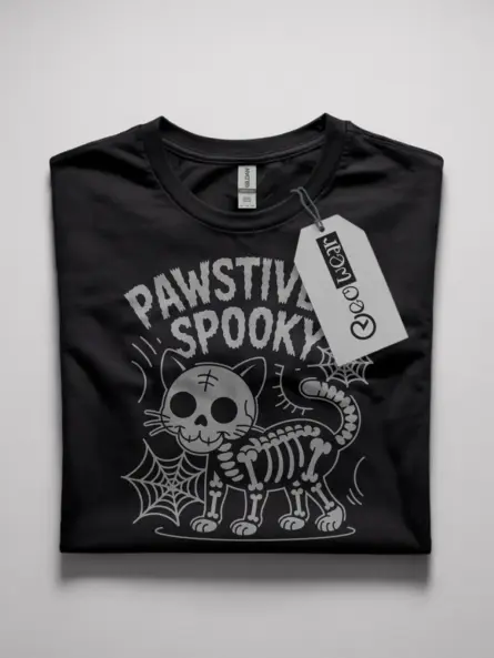 Front view Black Shirt Pawstively Spky skeleton cat Halloween t-shirt