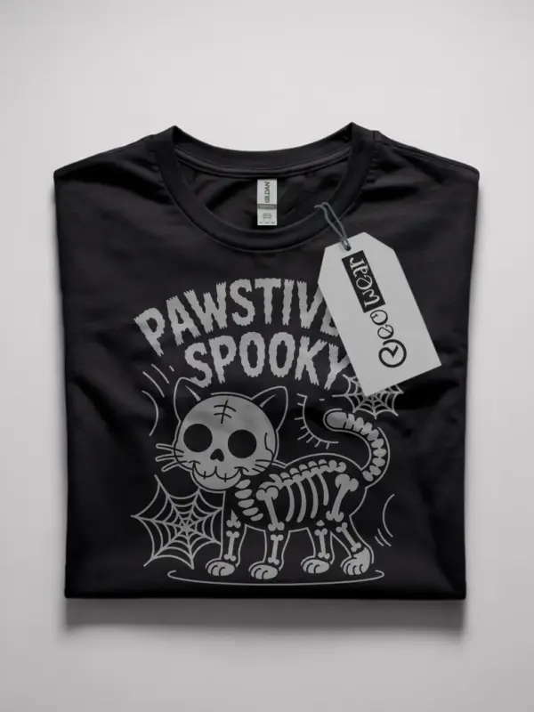 Front view Black Shirt Pawstively Spky skeleton cat Halloween t-shirt
