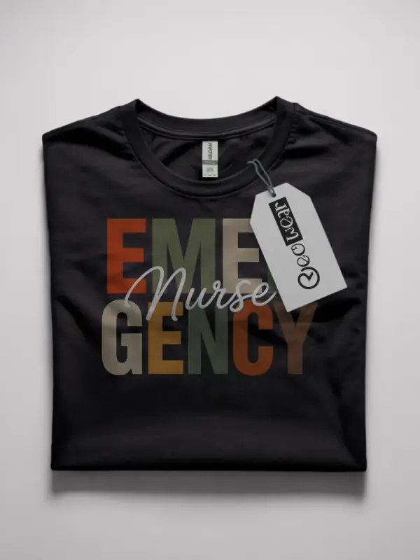 black emergency nurse shirt front view with colorful text