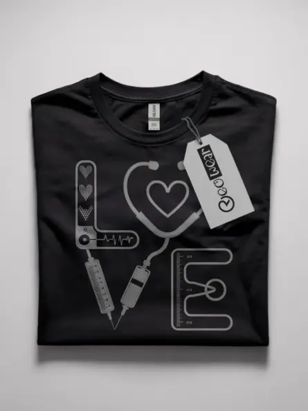 black medical love shirt front view with stethoscope and syringe