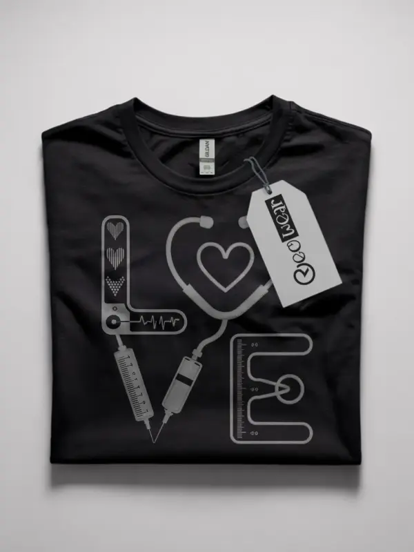 black medical love shirt front view with stethoscope and syringe