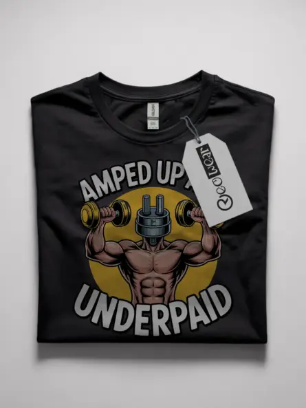 Black Amped Up and Underpaid Shirt flatlay – electrician workout tee, gym humor