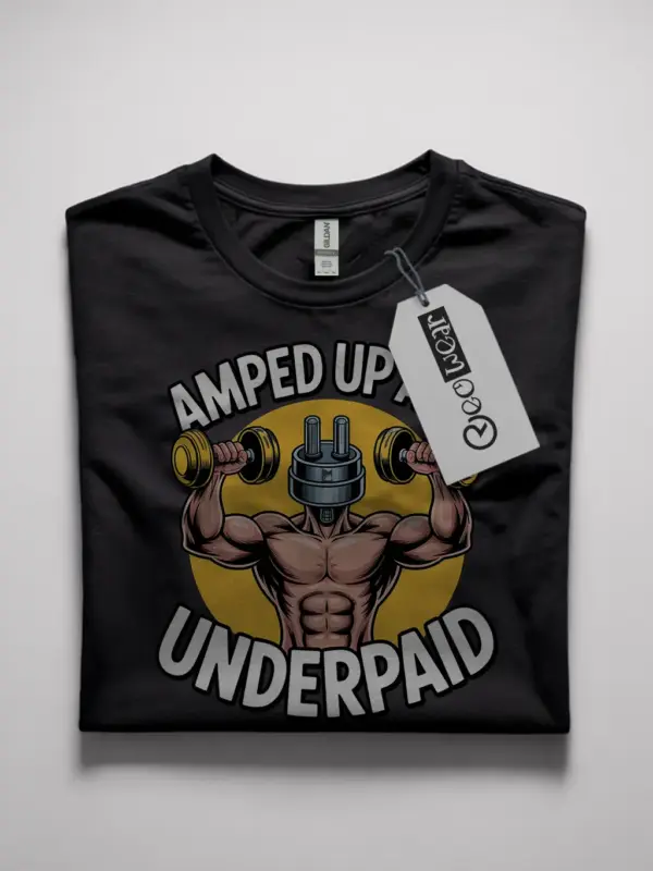 Black Amped Up and Underpaid Shirt flatlay – electrician workout tee, gym humor
