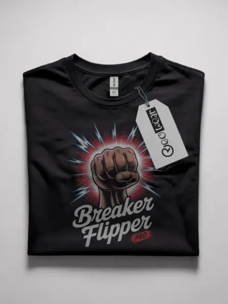 Black Breaker Flipper Shirt Front – funny electrician pro t-shirt, comic lightning design