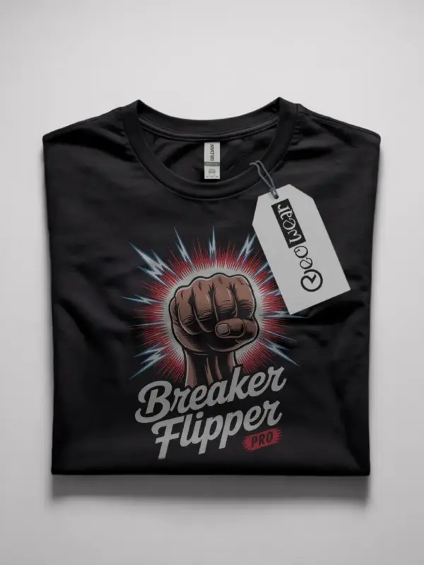 Black Breaker Flipper Shirt Front – funny electrician pro t-shirt, comic lightning design