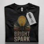 Black Bright Spark Shirt Front – vintage electrician light bulb t-shirt, glowing bulb design