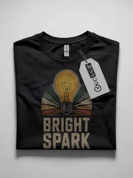 Black Bright Spark Shirt Front – vintage electrician light bulb t-shirt, glowing bulb design