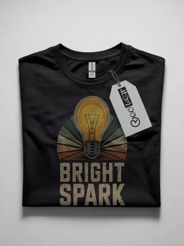 Black Bright Spark Shirt Front – vintage electrician light bulb t-shirt, glowing bulb design