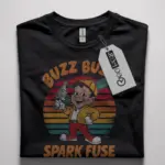 Black Buzz Buzz Spark Fuse Shirt Front – vintage cartoon electrician t-shirt, spark plug mascot