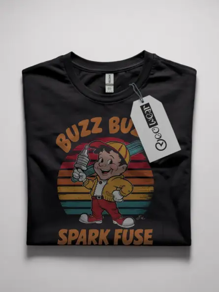 Black Buzz Buzz Spark Fuse Shirt Front – vintage cartoon electrician t-shirt, spark plug mascot