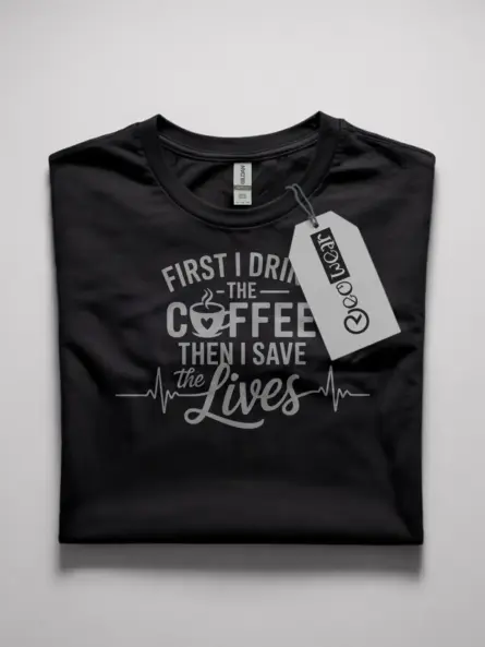 black first i drink the coffee then i save lives shirt front view