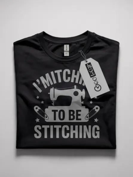 Front View Black Shirt "I'm Itching to Be Stitching" – funny sewing machine t-shirt