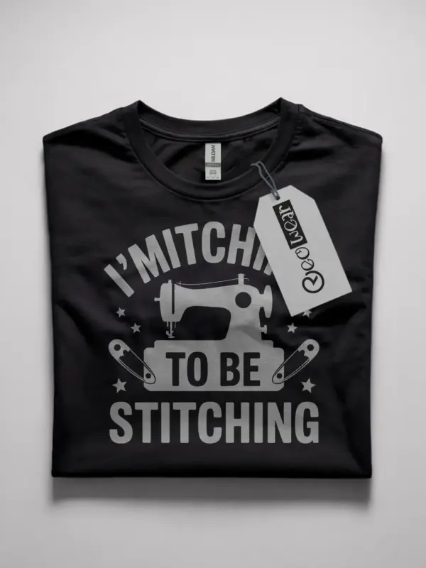 Front View Black Shirt "I'm Itching to Be Stitching" – funny sewing machine t-shirt