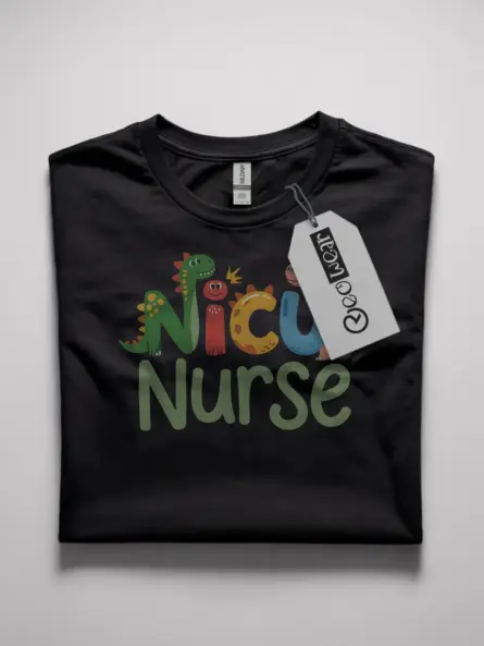 Black NICU nurse dinosaur t-shirt front view – cute NICU nurse dinosaur shirt for women