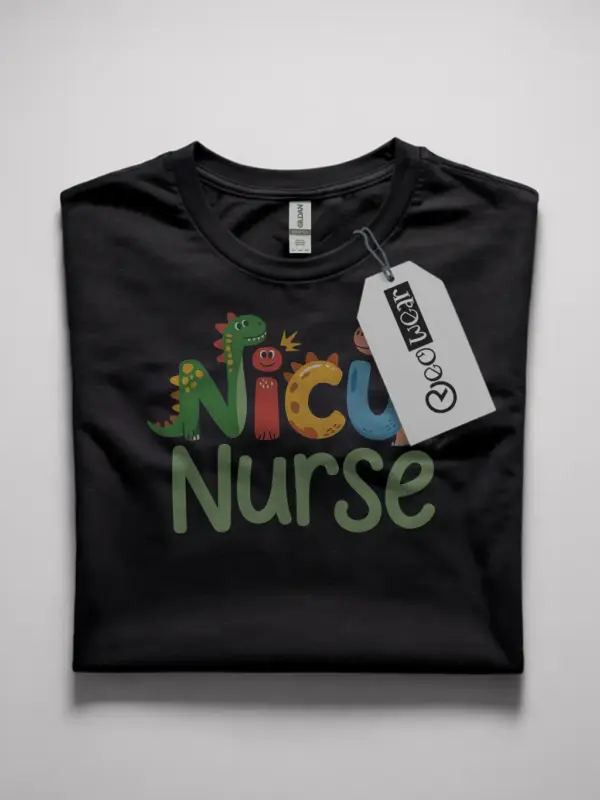 Black NICU nurse dinosaur t-shirt front view – cute NICU nurse dinosaur shirt for women