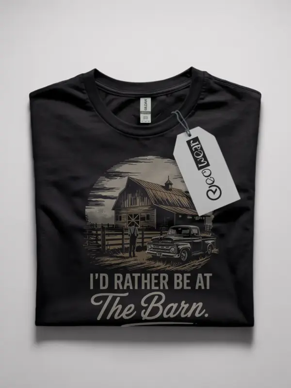 black flatlay id-rather-be-at Black Shirt Front – I’d Rather Be at The Barn – barn life t-shirt