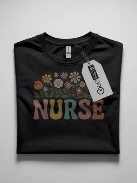 Black Front View Vintage Nurse Shirt with Floral Design